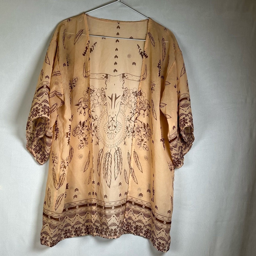 Bohemian Kimono Coverup with Western Longhorn Steer/ Cow Skull & Feathers. OS